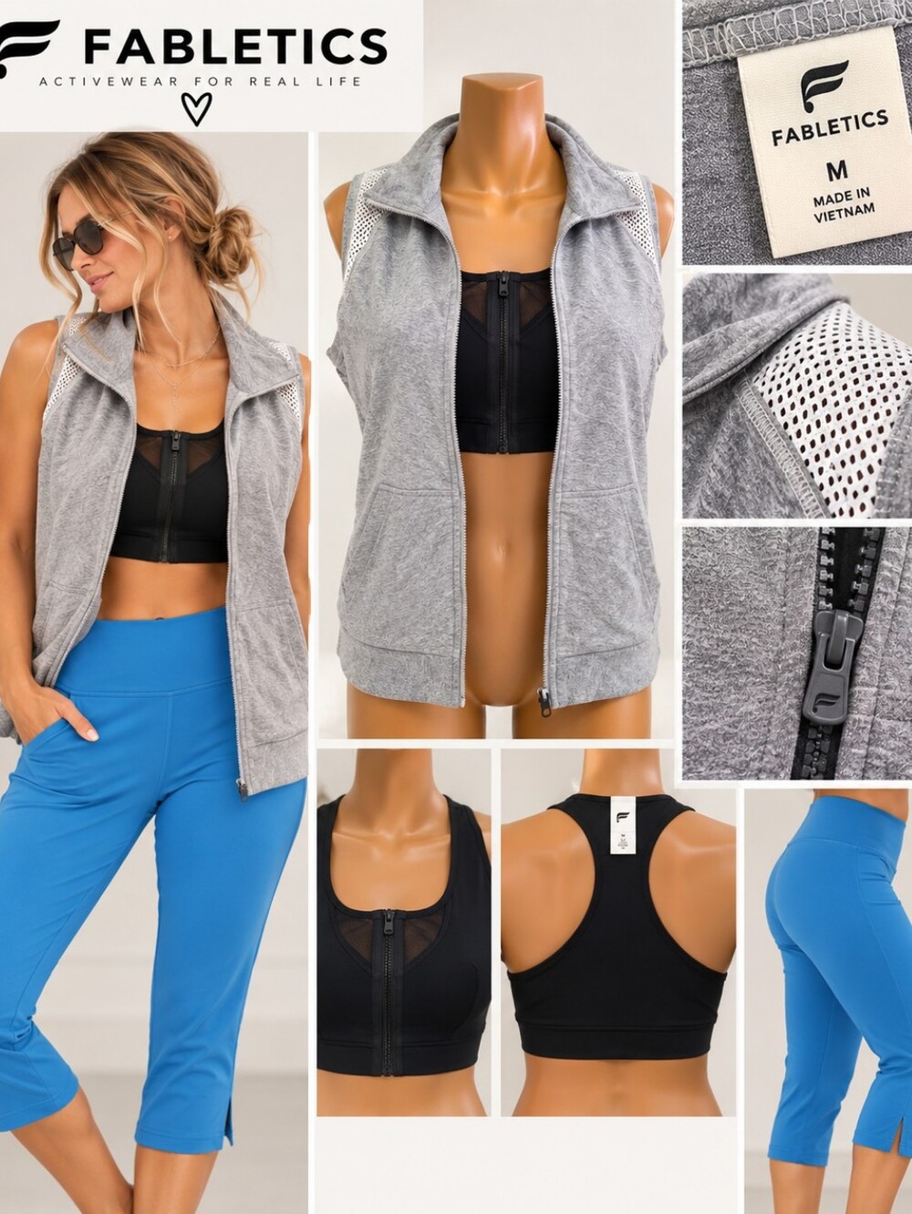 Fabletics 3 piece set Gray Sleeveless jacket, Sports bra with Blue Leggings
